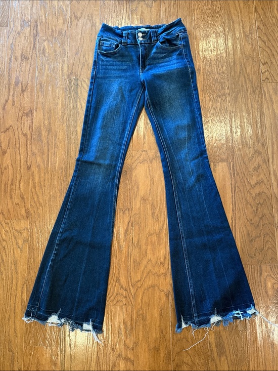 KanCan Denim - KanCan Dark Blue Flare Jeans with Distressed Raw Hem